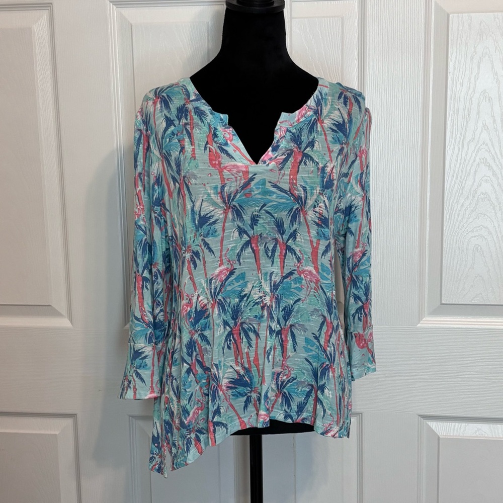 Casey Key Tropical Floral Beach Blouse Flutter 3/4 Sleeves Mint Pink Blue Size M